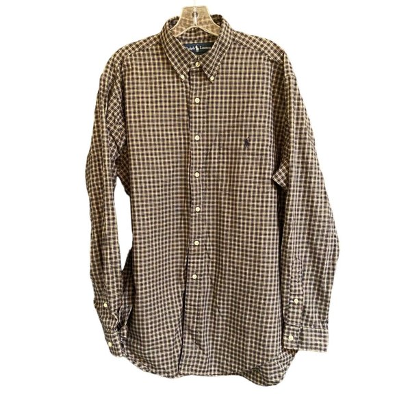 RALPH LAUREN MENS BLUE/BEIGE PLAID CLASSIC FIT COTTON LONG SLEEVE SHIRT SZ LARGE - Picture 1 of 7